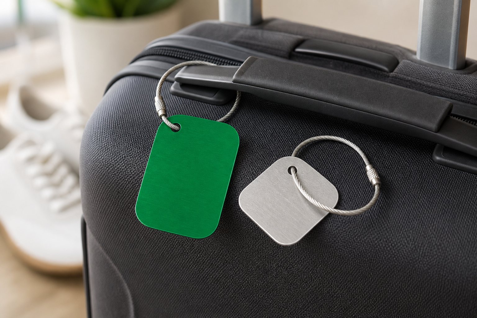 Green and silver aluminium tags attached to luggage