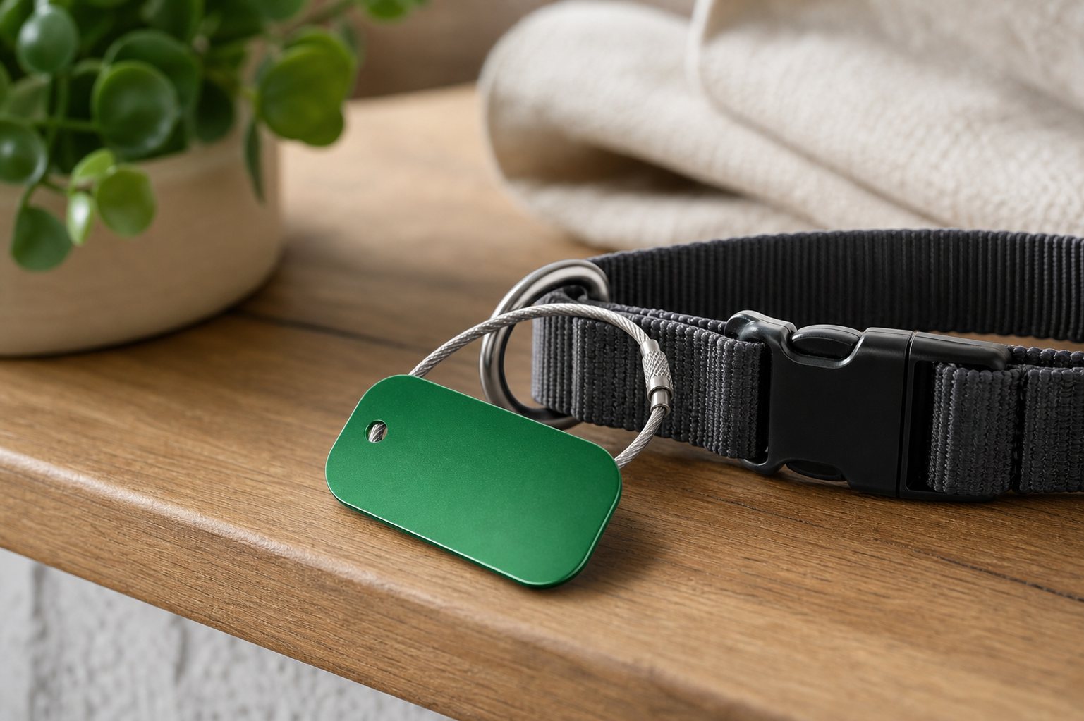 Green aluminium pet tag attached to a collar