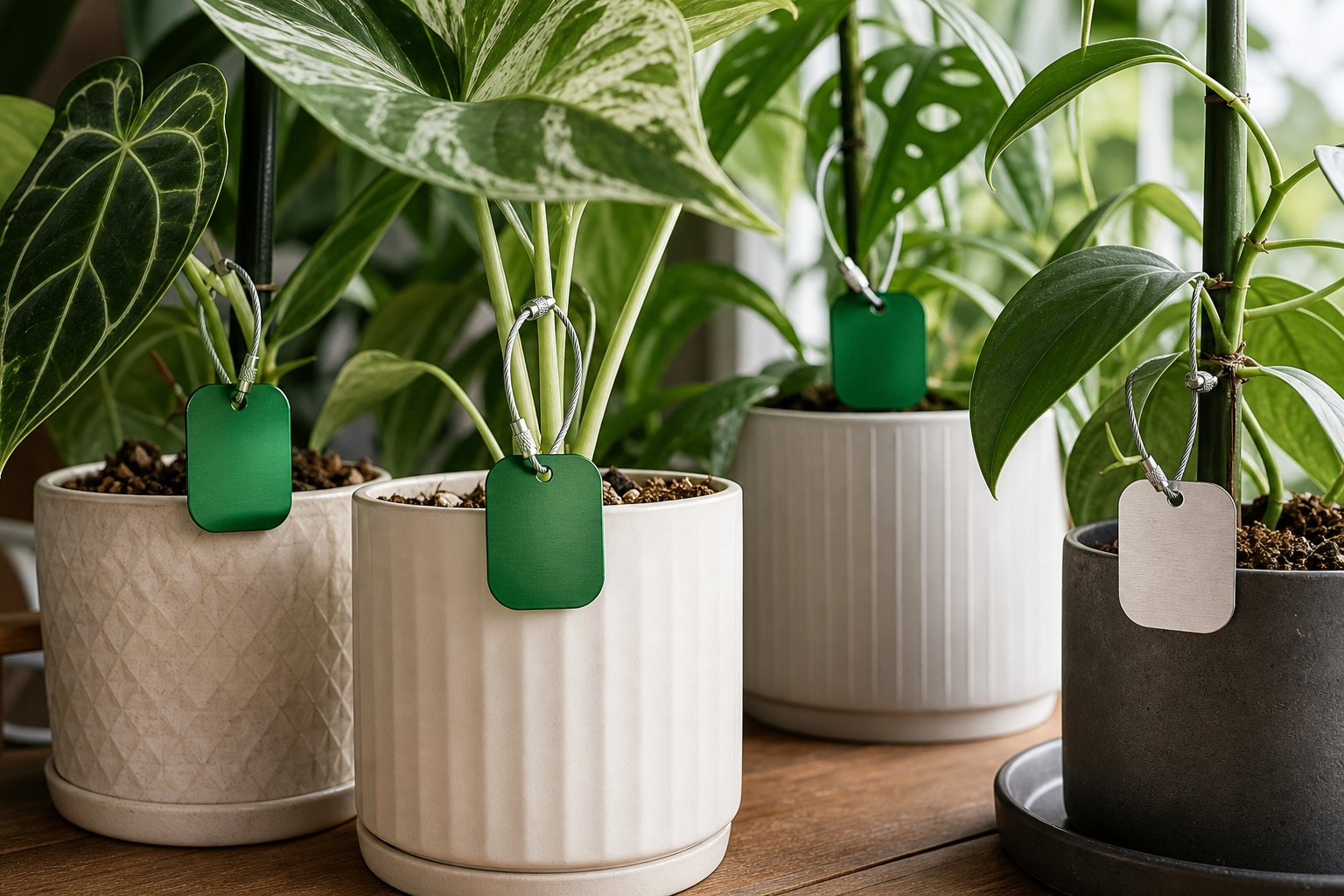 Green and silver aluminium plant tags on indoor plants
