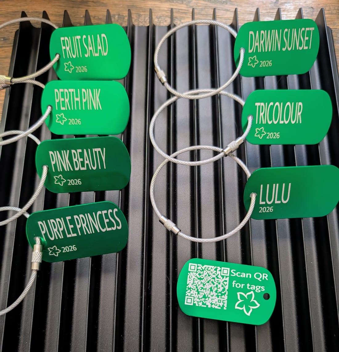 Green BrockMark tags with stainless steel wire loops and QR sample tag