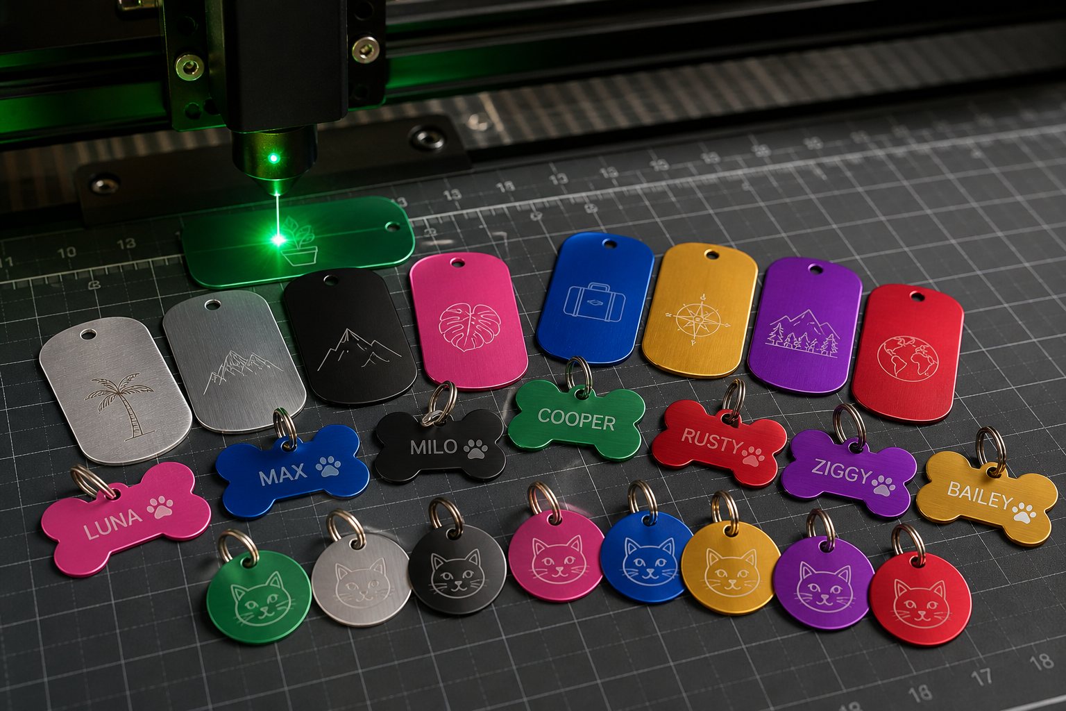 Laser engraver above a colourful range of BrockMark luggage, plant, dog and cat tags