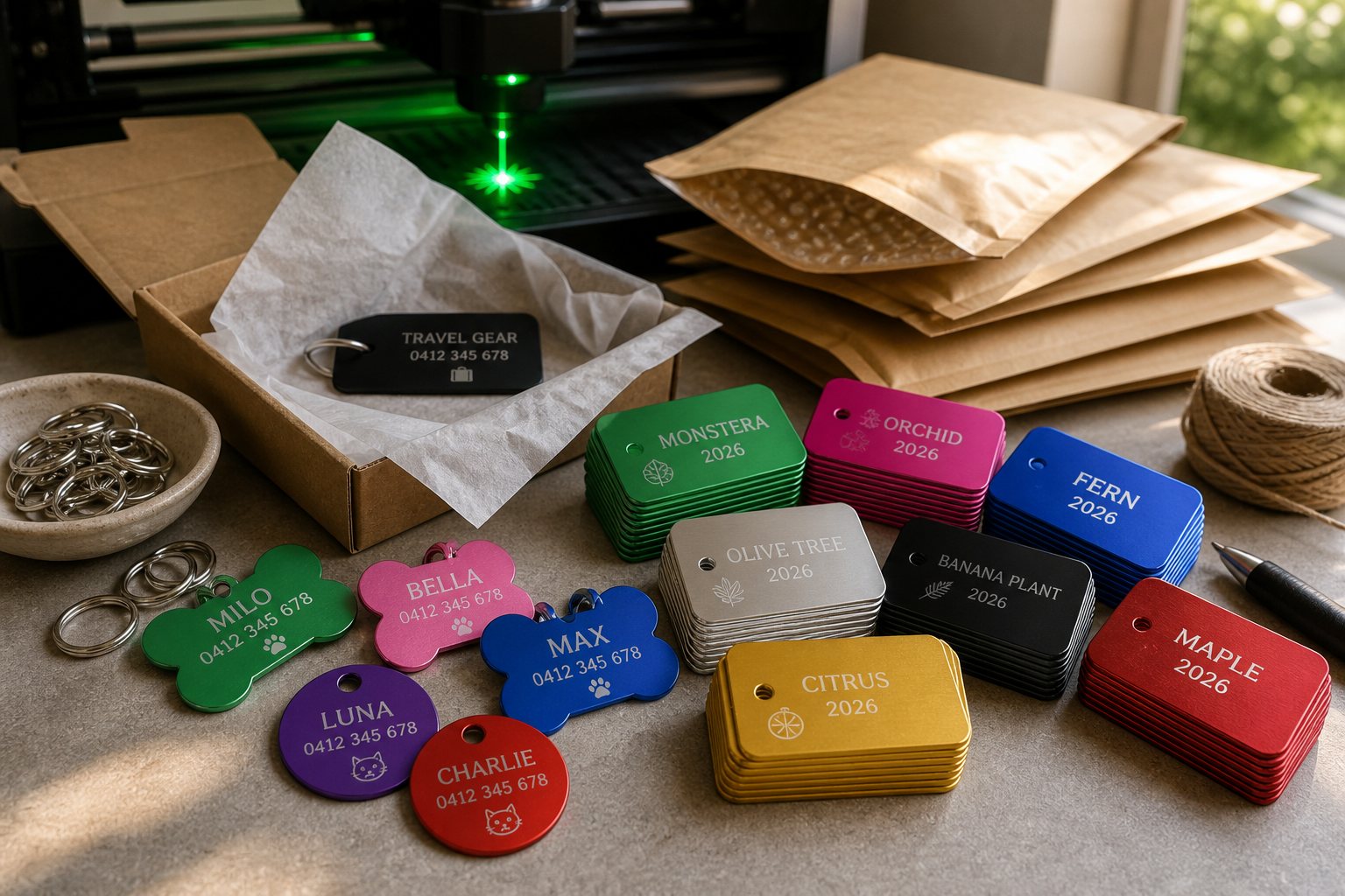 Finished BrockMark tags packed with mailers and key rings beside the laser engraver
