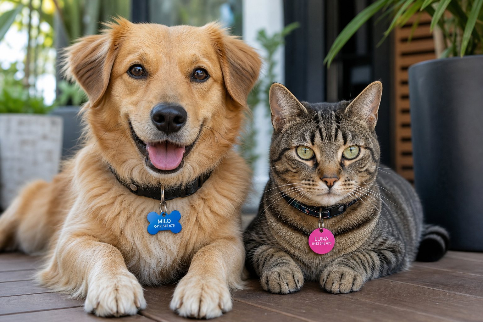 Dog and cat wearing BrockMark engraved pet tags