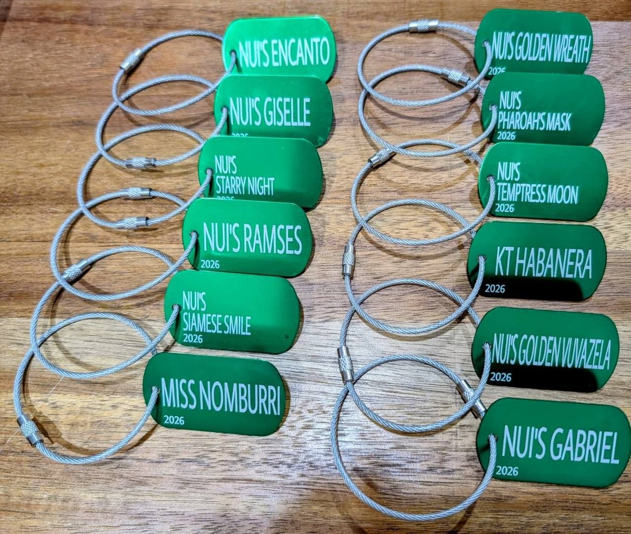 A set of green engraved plant tags with stainless steel wire loops