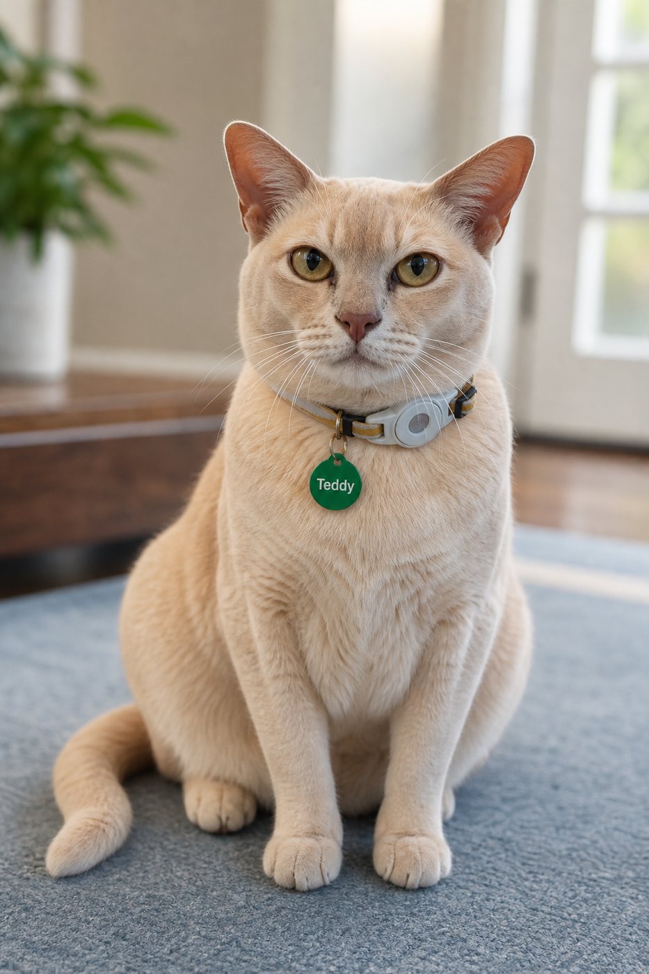 Teddy the Burmese cat wearing a green BrockMark round cat tag